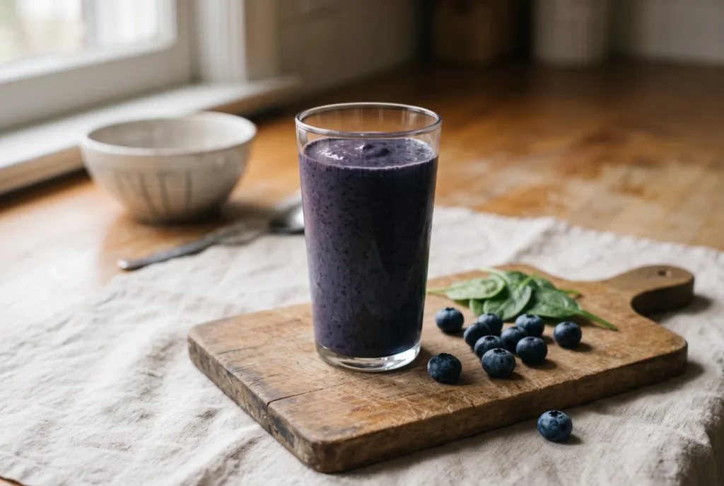 Grand verre de smoothie aux bleuets sur une planche de bois, bleuets frais et feuilles d'epinard a cote