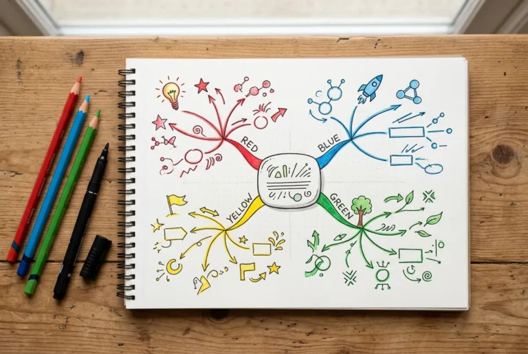 Carte mentale colorée dessinée sur une feuille, avec des branches et des pictogrammes