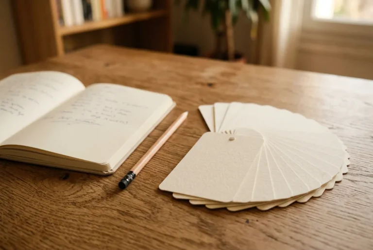 Cartes mémoires posées en éventail sur une table en bois, près d'un carnet ouvert et d'un crayon.