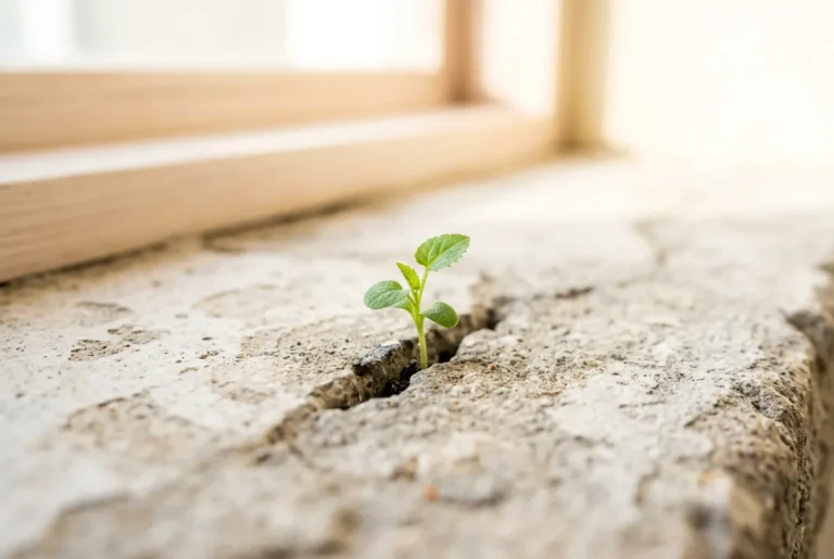 Une jeune plante verte qui pousse dans une fissure d'une surface claire, dans une lumière douce