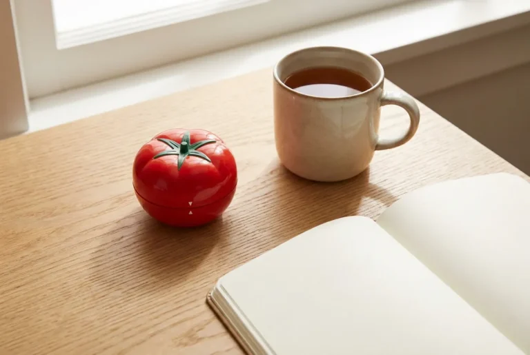 Minuteur de cuisine rouge en forme de tomate sur un bureau en bois clair, à côté d'une tasse de thé et d'un carnet ouvert devant une fenêtre