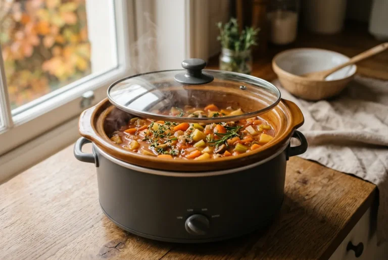 Une mijoteuse fumante remplie d'un mijoté de légumes sur un comptoir de bois, devant une fenêtre aux feuilles d'automne, dans une lumière douce